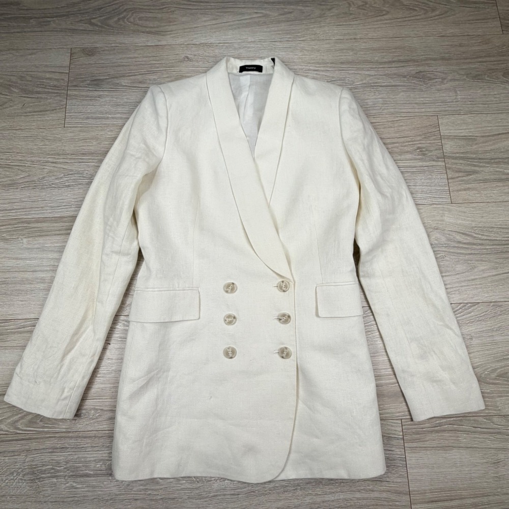 Theory Integrate Ivory‎ Linen Double Breasted Shawl Collar Blazer Jacket Size 6